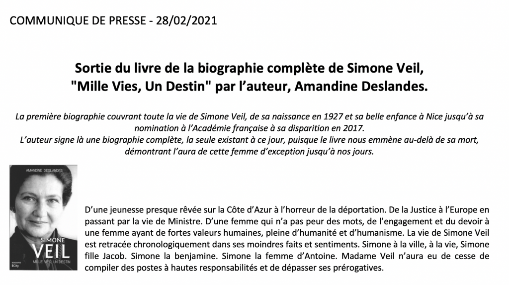 Image du communiqué de presse Sortie biographie de Simone Veil par Amandine Deslandes février 2021