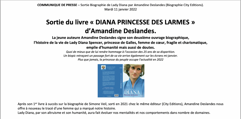 Image du communiqué de presse Sortie biographie de Lady Diana princesse de Galles par Amandine Deslandes janvier 2022